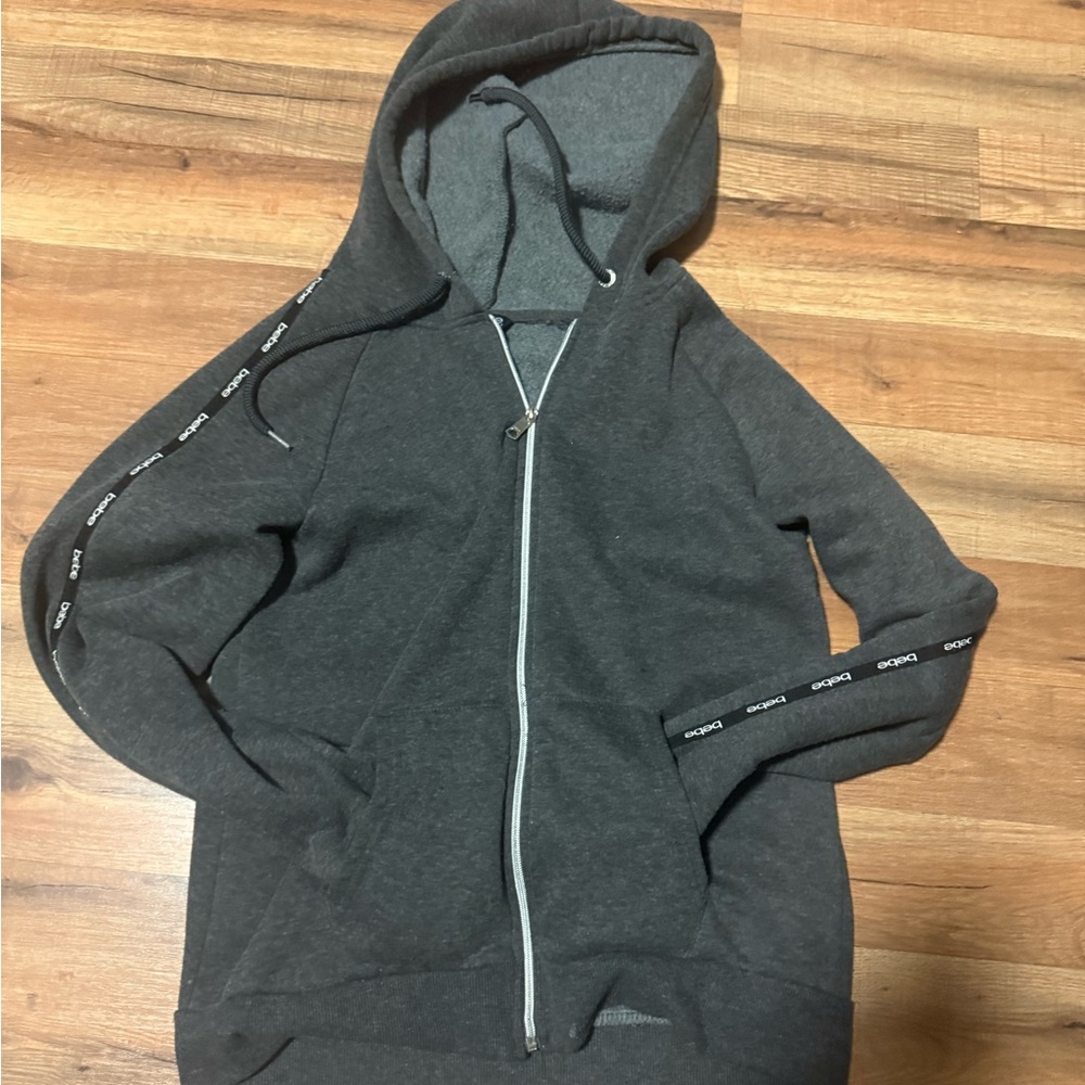 Gray Zip-Up Hoodie with Logo Sleeves
